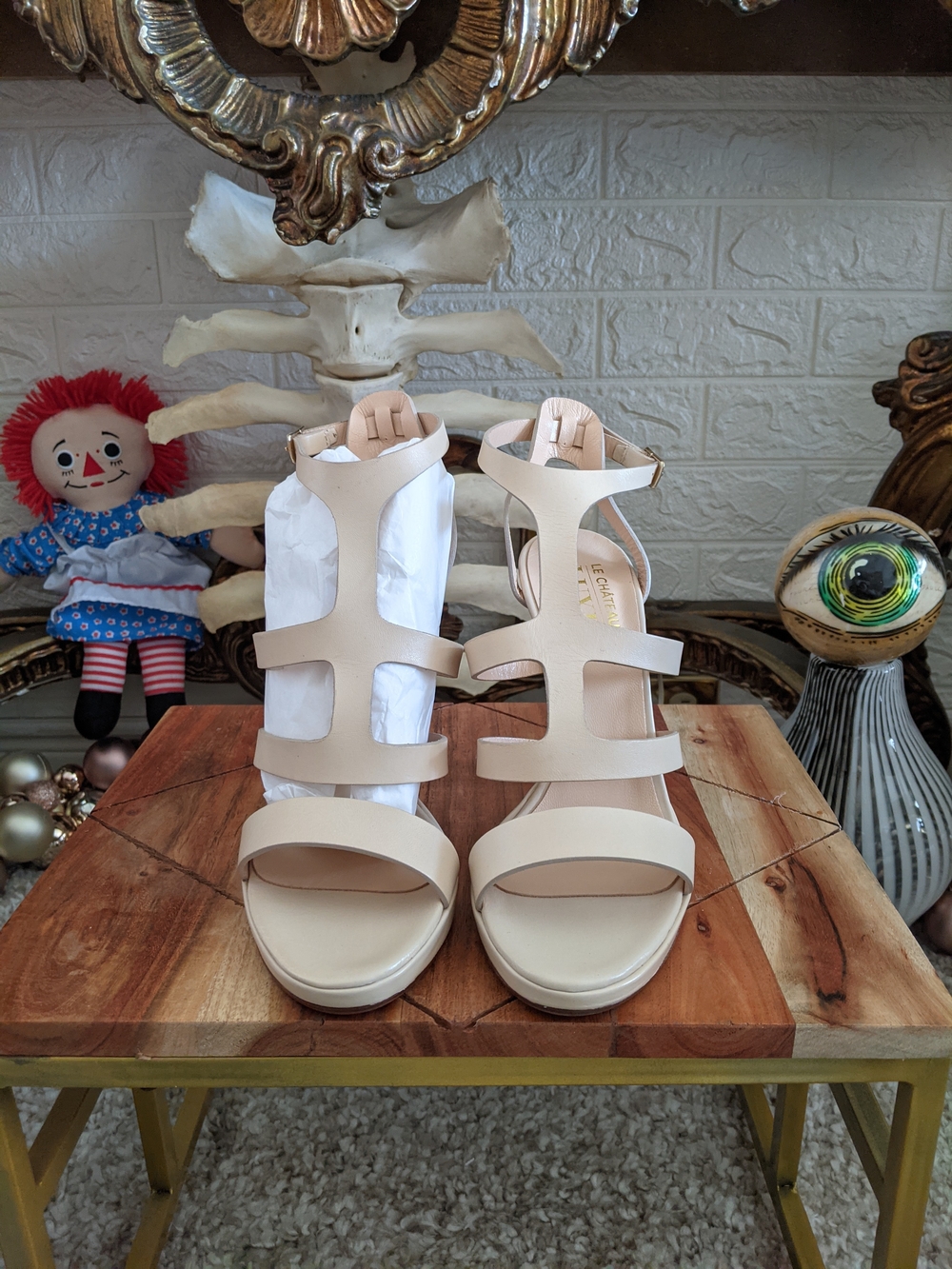 Le Chateau Luxe Beige Strappy Leather Heels Sandals